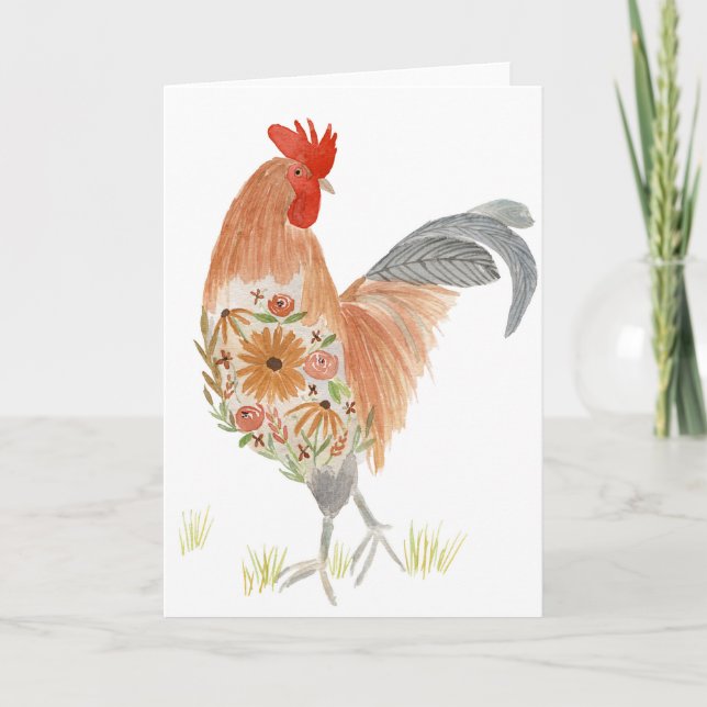 Carte de coq floral Aquarelle Cute (Devant)