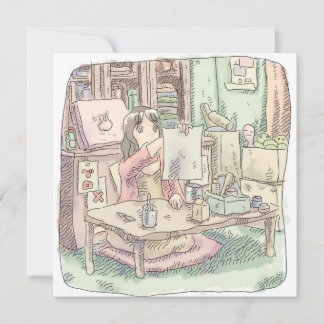 CARTE DE CORRESPONDANCE さなししじ 部屋で茶色い机の前に座って書き上げた紙を持っている女性のイラスト