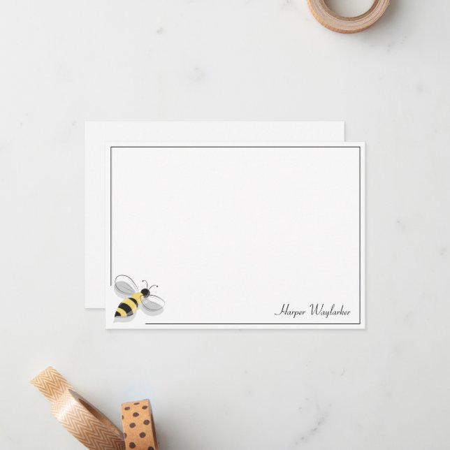 Carte De Correspondance Abeille Simple Bordure Blanc Noir Nom Jaune (Devant/Arrière en situation)