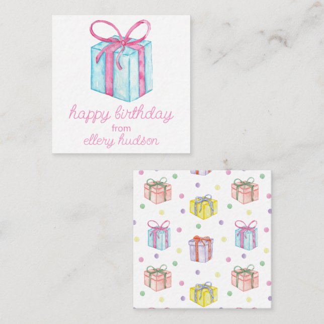 Carte De Correspondance Aquarelle Anniversaire présente un boîtier cadeau (Devant / Derrière)
