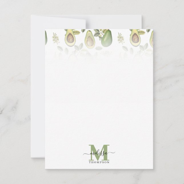 Carte De Correspondance Aquarelle Avocado Motif botanique Monogrammé (Devant)