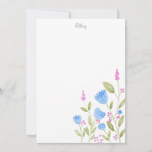 Carte De Correspondance Aquarelle 'Blue Flowers and Pink Berries'