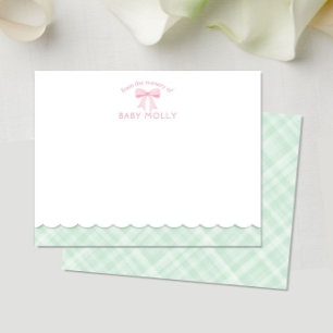 Carte De Correspondance Aquarelle Bow Preppy Pink Mint Plaid Nouveau bébé