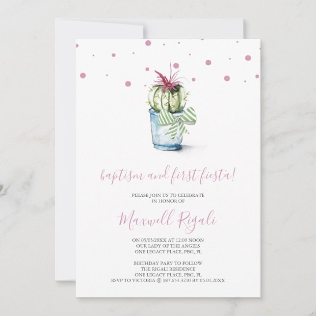 Carte De Correspondance Aquarelle Cactus Baptême et premier anniversaire (Devant)