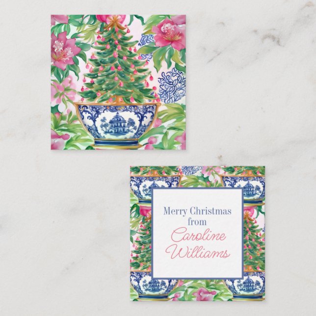 Carte De Correspondance Aquarelle Chinoiserie Arbre de Noël Enceinte (Devant / Derrière)