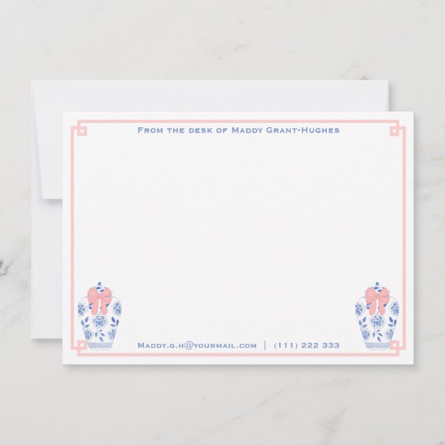 Carte De Correspondance Aquarelle féminine bleu rose avec nom (Devant)