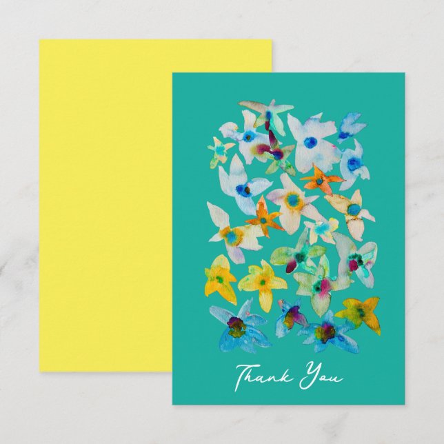 Carte De Correspondance Aquarelle fleurs bleues blanches (Devant / Derrière)