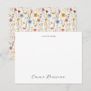 Carte De Correspondance Aquarelle Fleurs Sauvages Rose Bleu Écriture Note