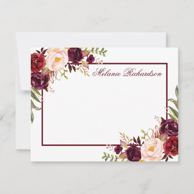 Carte De Correspondance Aquarelle Floral Bourgogne Cadre personnalisé (Devant)