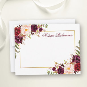 Carte De Correspondance Aquarelle Floral Bourgogne Gold Frame Personnalisé