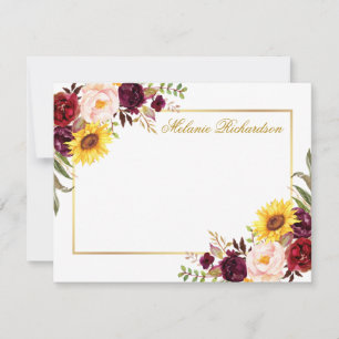Carte De Correspondance Aquarelle Floral Bourgogne Or Personnalisé