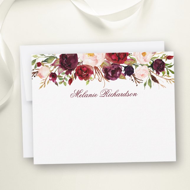 Carte De Correspondance Aquarelle Floral Bourgogne Personnalisée (Customize to change text size, color, style or to add more text to front or back of card.)