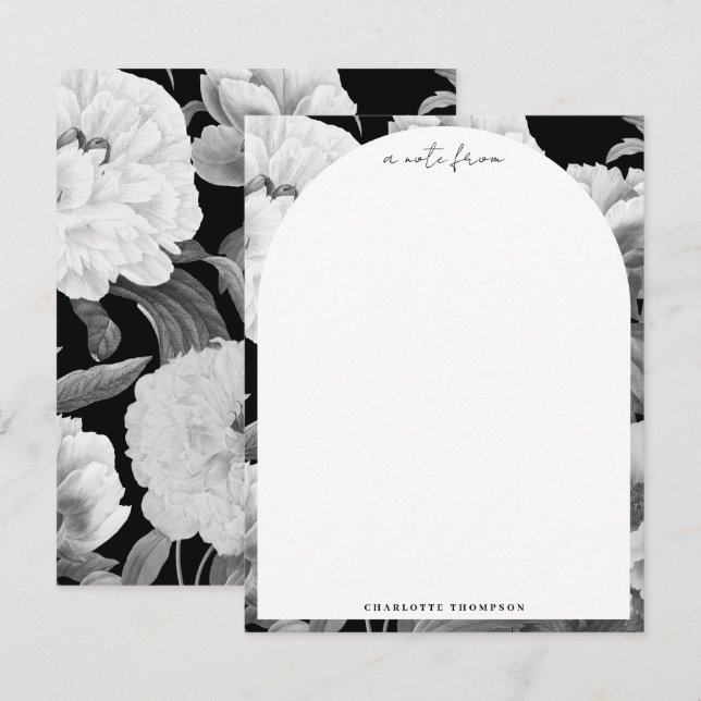 Carte De Correspondance Aquarelle florale Black & White Peonies (Devant / Derrière)