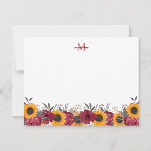 Carte De Correspondance Aquarelle Florale Tournesol Bourgogne Monogramme