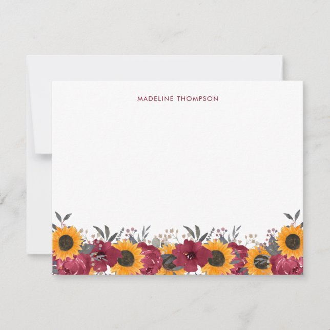 Carte De Correspondance Aquarelle Florale Tournesol Rustique Bourgogne (Devant)