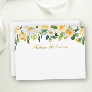 Carte De Correspondance Aquarelle Jaune Blanc Floral Personnalisé Or