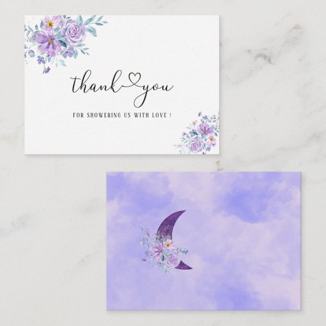Carte De Correspondance Aquarelle Lune fleurs violettes merci (Devant / Derrière)