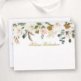 Carte De Correspondance Aquarelle Magnolia Rose Floral Or personnalisé
