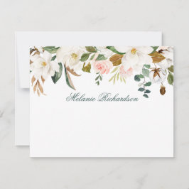 Carte De Correspondance Aquarelle Magnolia Rose Floral Personnalisé Vert