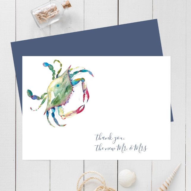 Carte De Correspondance Aquarelle Merci de crabe bleu (Crab note cards watercolor blue crab art by Victoria Grigaliunas of Do Tell A Belle)