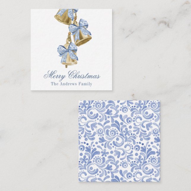 Carte De Correspondance Aquarelle Noël bleu Chinoiserie Bow Bells (Devant / Derrière)