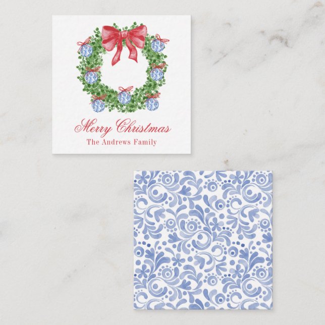 Carte De Correspondance Aquarelle Noël Chinoiserie Ornement Wreath (Devant / Derrière)