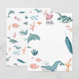 Carte De Correspondance Aquarelle Océan Animaux de mer Monogramme