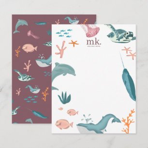 Carte De Correspondance Aquarelle Océan Animaux de mer Monogramme rose
