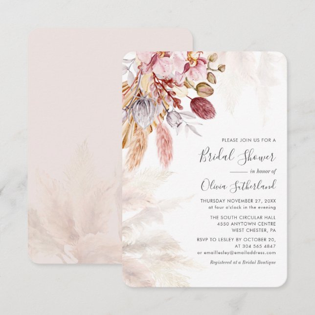 Carte De Correspondance Aquarelle Pampas Grass Boho Fête des mariées (Devant / Derrière)