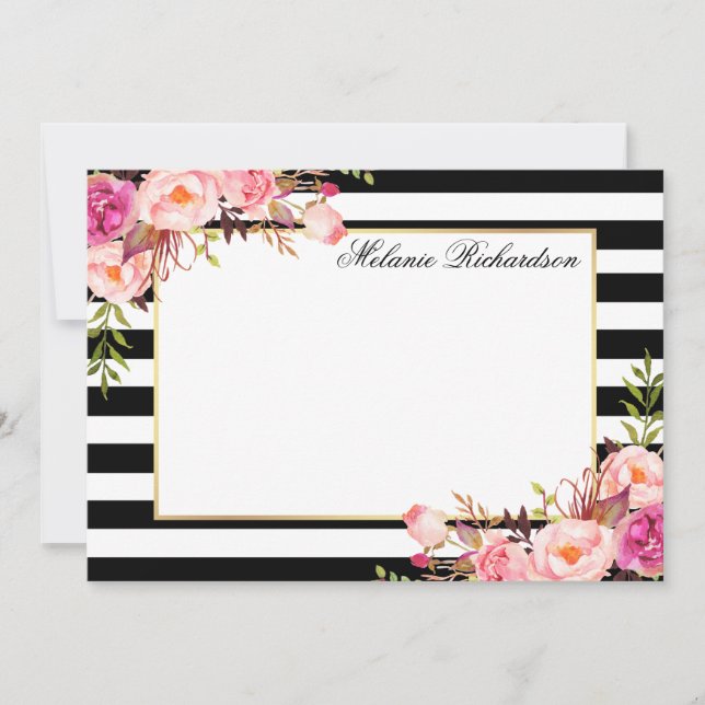 Carte De Correspondance Aquarelle rose Floral Élégant rayé (Devant)