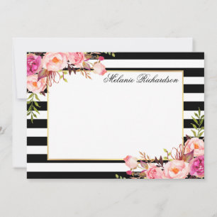 Carte De Correspondance Aquarelle rose Floral Élégant rayé
