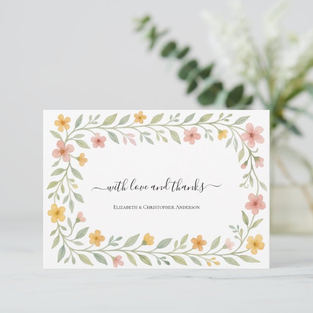 Carte De Correspondance Aquarelle rose jaune Merci Floral (Debout devant)
