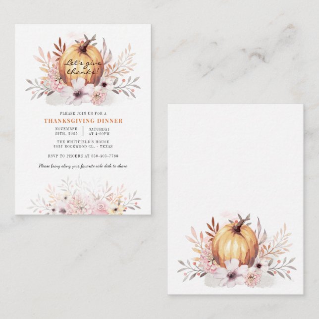 Carte De Correspondance Aquarelle Rustique Floral Citrouille Thanksgiving (Devant / Derrière)