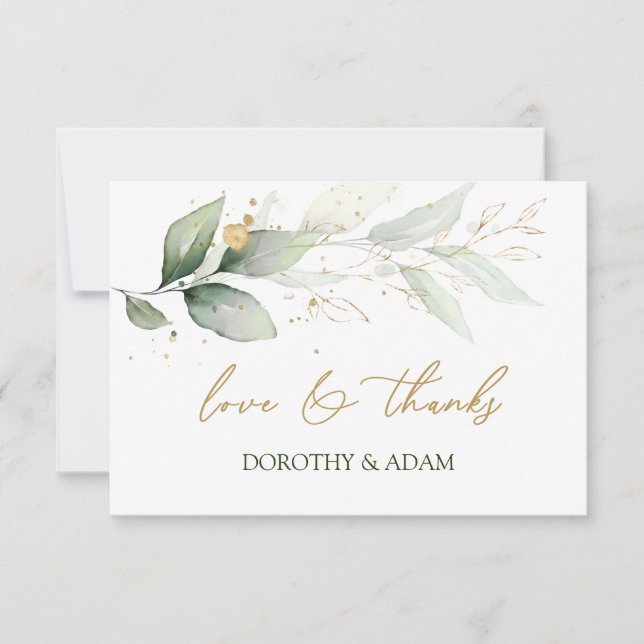 Carte De Correspondance Aquarelle vert & or feuillage Merci (Devant)