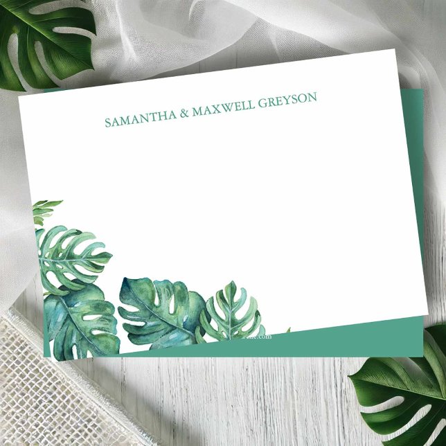 Carte De Correspondance Aquarelle verte Papeterie personnalisée (Palm beach stationery watercolor monstera palm leaves art by Victoria Grigaliunas Do Tell A Belle)