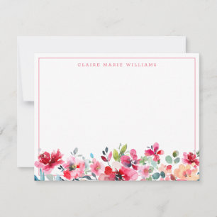 Carte De Correspondance Aquarelle vintage Florale Bordure Bourgogne rose