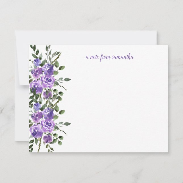 Carte De Correspondance Aquarelle violet Rose vert Feuilles Monogramme (Devant)