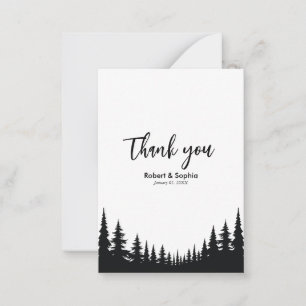 Carte De Correspondance Arbre de pin noir et blanc Mariage d'hiver Merci