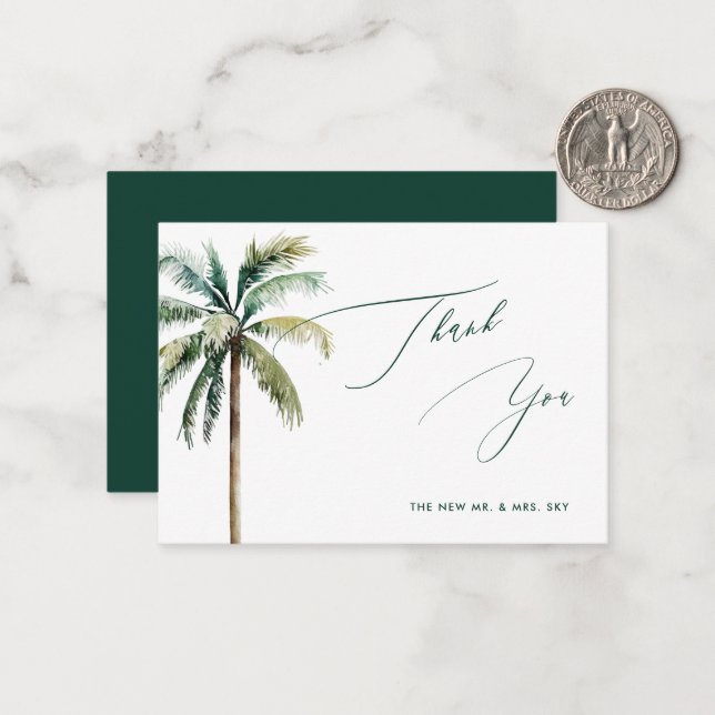 Carte De Correspondance ArtsApp Tropical Luxe Calligraphy Merci (Devant/Arrière en situation)