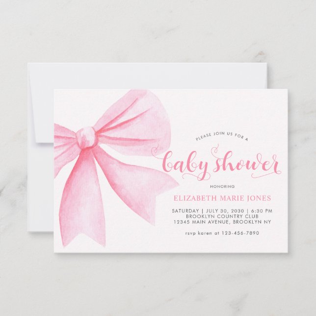 Carte De Correspondance Baby shower de fille à ruban à aquarelle rose budg (Devant)