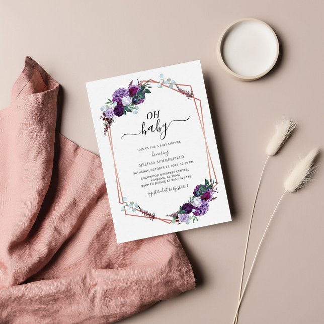 Carte De Correspondance Baby shower géométrique Rose Floral violet (Créateur téléchargé)