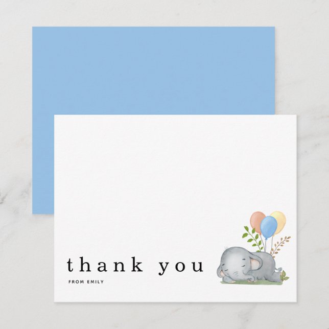 Carte De Correspondance Baby shower Nom du Merci couché Eléphant bleu (Devant / Derrière)