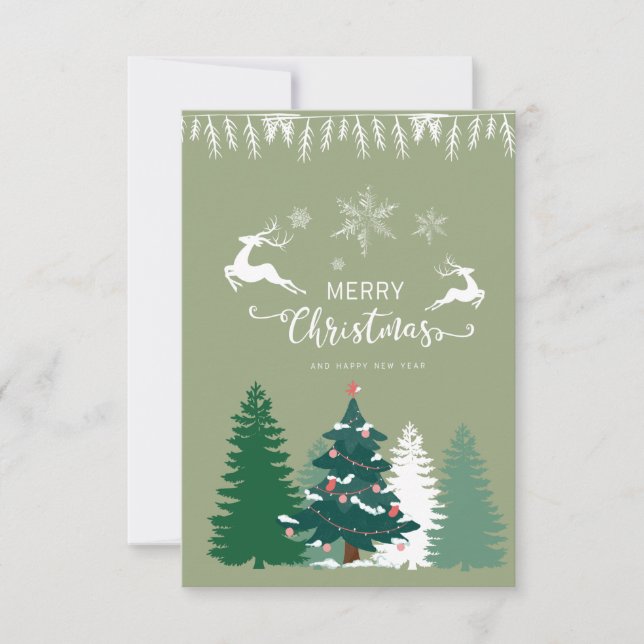 Carte De Correspondance Beau hiver vert arbres cerfs Noël (Devant)