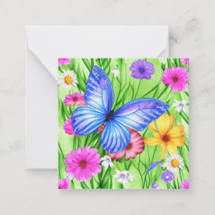 Carte De Correspondance Beau Papillon Bleu avec fleurs Aquarelle