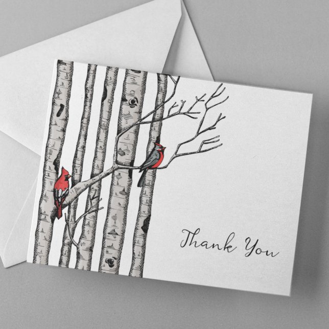 Carte De Correspondance Birch Trees modernes et Merci aux oiseaux rouges (Chic, Modern Hand-Drawn Cardinals Perched on Birch Branches in Black Ink with Cross-Hatch Detailing.)