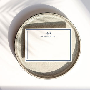 Carte De Correspondance Blanc Bleu Poussiéreux Monogramme Bordure Fine & É