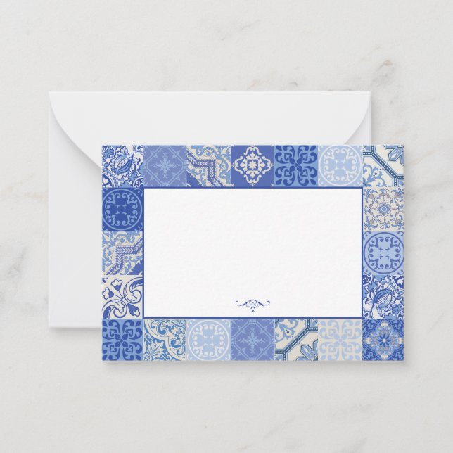 Carte De Correspondance Bleu blanc ethnique Boho Carreaux méditerranéens (Devant)