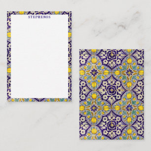 Carte De Correspondance Bleu personnalisé Motif méditerranéen Fleurs jaune