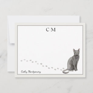 Carte De Correspondance Bleu russe Chat Gris frontière Monogramme et nom