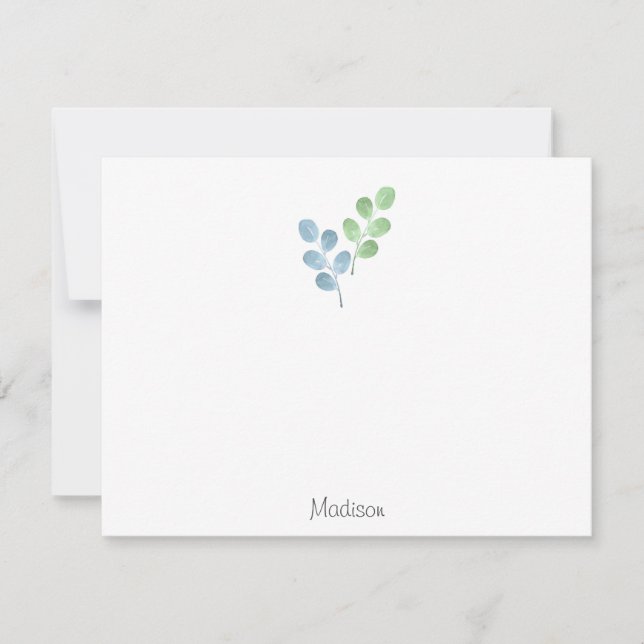 Carte De Correspondance Bleu Vert aquarelle Feuilles rondes (Devant)